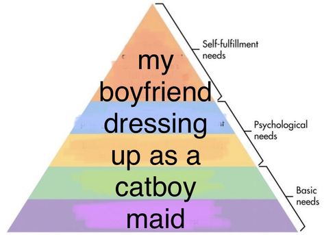 a triangle chart showing basic needs at the bottom, psychological needs in the middle, and sel-fulfillment needs at the top. i have badly edited it to say ‘my boyfriend dressing up as a catboy maid’ in all of the sections. Catboy Maid, Basic Needs, My Boyfriend, Love You So Much, Pyramid, Funny Stuff, Psychology, I Love You, Dj