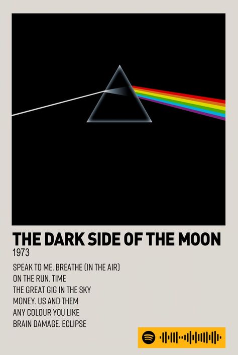 print this and hang it on your wall :) and dont forget to show me the results! (i also take requests) #pinkfloyd #spotify #spotifycodes #70s #darksideofthemoon #rock #minimalistposter Dark Side Of The Moon Album Cover, The Wall Poster Pink Floyd, Pink Floyd Tattoo Dark Side Of The Moon, Dark Side Of The Moon Pink Floyd, Pink Floyd Songs, Pink Floyd Poster Dark Side The Moon, Minimalist Music, Music Poster Ideas, Vintage Music Posters