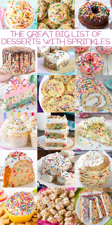 The Great Big List of Desserts with Sprinkles - 100+ vibrant, sweet, and delectable desserts with sprinkles. #sarahsbakestudio #sprinklesdesserts #sprinkles #dessertswithsprinkles #reciperoundup #sweetcollection Two Sweet Birthday Desserts, Food With Sprinkles, Sprinkles Desserts, Recipes With Sprinkles, Sprinkle Treats, Sprinkle Food Ideas, Sprinkle Snacks, Sprinkled With Love Cake, Sprinkle Favors