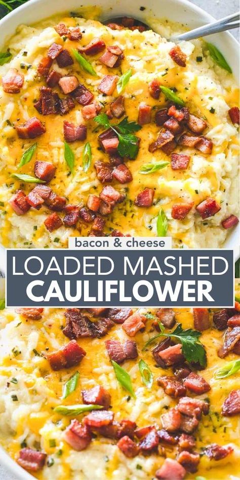 Packed with bacon, cheese, and garlic, this loaded mashed cauliflower recipe is the perfect, most delicious low carb swap for mashed potatoes! Best Mashed Cauliflower Recipe, Keto Mashed Potatoes Cauliflower Recipes, Cauliflower Recipes Mashed, Potato And Cauliflower Mash, Mashed Cauliflower Casserole, Cauliflower And Potato Mash, Veggie Mashed Potatoes, Cauliflower Mash Recipes, Ground Beef And Cauliflower Recipes