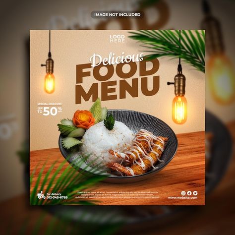 PSD delicious food menu social media pos... | Premium Psd #Freepik #psd #food-poster #food-design #restaurant-poster #food-template Menu Social Media Design, Food Poster Design Layout, Food Creative Post, Food Poster Design Ideas, Food Poster Design Graphics, Food Design Poster, Restaurant Social Media Design, Restaurant Poster Design, Food Post Design