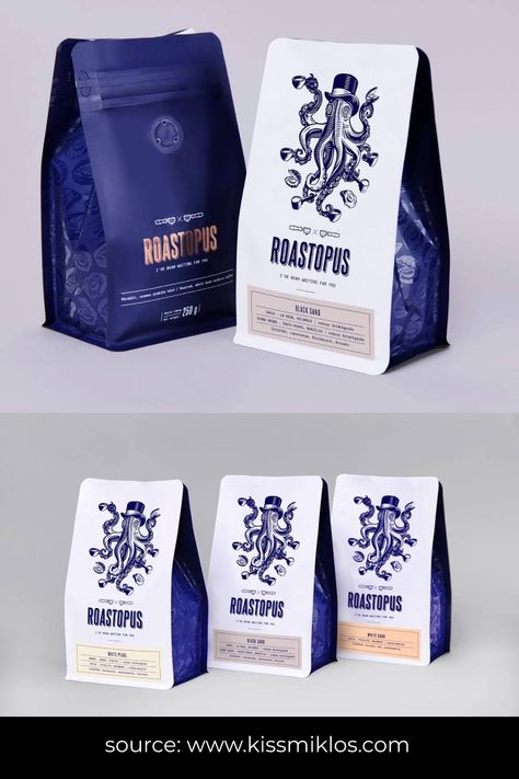 Roastopus Coffee Pouch Packaging Unique Packaging Design Food, Packaging Bags Design, Coffee Jar Packaging Design, Coffee Pouch Packaging Design, Coffee Box Design, Pouch Packaging Design Inspiration, Coffee Package Design, Elegant Packaging Design, Coffee Bag Packaging