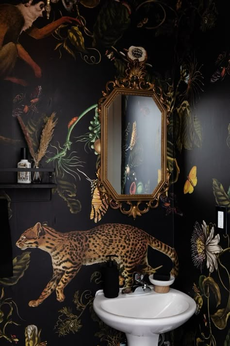 Dark Powder Bath Wallpaper, Goth Powder Room, Bird Wallpaper Bathroom Powder Rooms, Asian Powder Room, Powder Bath With Dark Wallpaper, Eccentric Powder Room, Dark Floral Powder Room, Half Bathroom Ideas Wallpaper Modern, Jungle Theme Powder Room