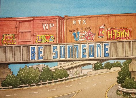 Be Someone – Houston, Texas – Watercolor – The Market at Sawyer Yards Texas Watercolor, Houston Tattoos, Texas Lone Star, Houston Art, Texas Houston, Texas Art, Graffiti Artwork, Downtown Houston, Train Art