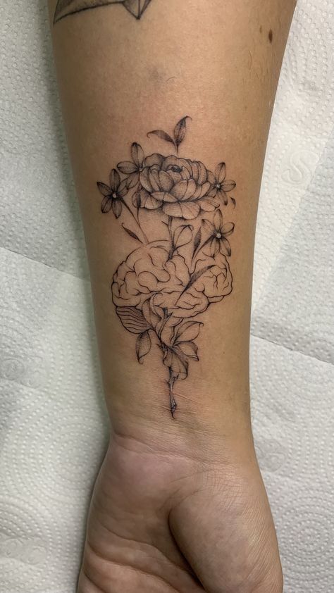 Personal Growth Tattoo Designs, Flowers Growing Out Of Brain Tattoo, Pretty Brain Tattoo, Brain Tattoo Ideas Design, You Are Enough With Flower Tattoo, Anatomical Brain Tattoo With Flowers, Neurology Tattoo Ideas, Mom Brain Tattoo, Beautiful Brain Tattoo