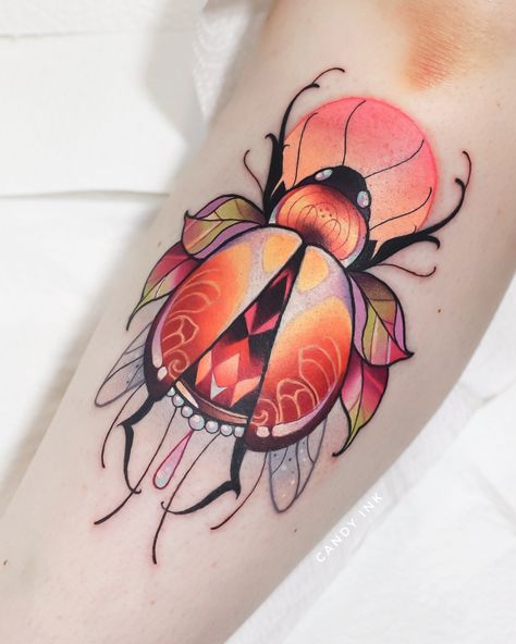 Candy Ink, Golden Beetle tattoo, made in Poland 🩷 Neo Traditional Orange Tattoo, Colorful Beetle Tattoo, Neotraditional Beetle Tattoo, Newschool Tattoos, Golden Beetle, Watermelon Tattoo, Scarab Tattoo, Hand Tattoo Designs, Beetle Tattoo