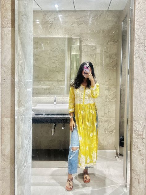 Yellow Chikankari Kurti With Jeans, Chikankari Suits With Jeans, Chikankari Kurti With Baggy Jeans, Yellow Chikankari Kurta With Jeans, Lucknowi Kurta With Jeans, Lucknowi Kurti With Jeans, Chikankari Kurti With Jeans Outfit, Yellow Desi Aesthetic, Yellow Kurti Color Combinations