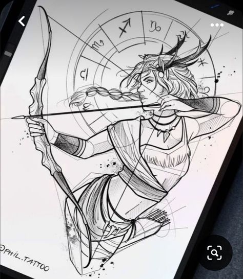 Sagittarius Drawing Art, Sagittarius Goddess Tattoo, Tattoo Sagittarius, Artemis Tattoo, Sagittarius Tattoo Designs, Sagittarius Art, Sagittarius Tattoo, Mythology Tattoos, Zodiac Tattoos