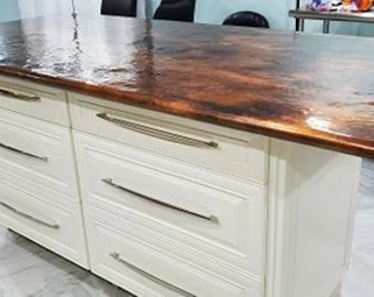 Rustic kitchen island with copper top - Etsy Copper Countertops, Custom Fireplace Mantels, Kitchen Island Tops, Rustic Kitchen Island, Island Countertops, Custom Fireplace, Unique Bathroom, Kitchen Nook, Copper Kitchen