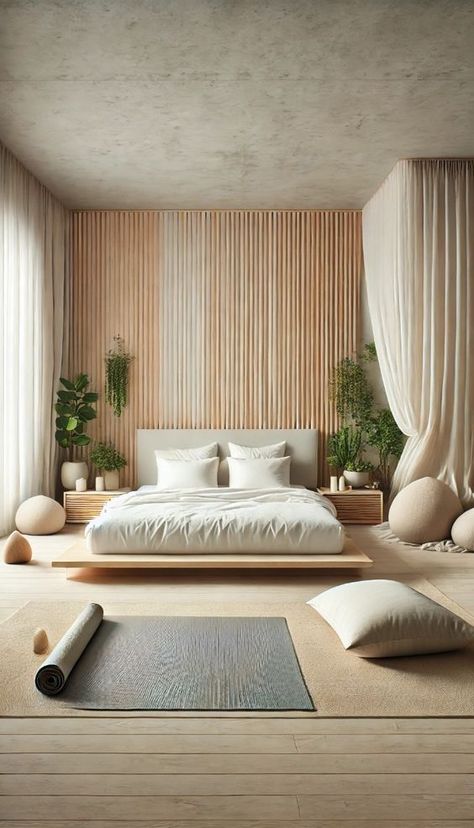 Transform your bedroom into a peaceful retreat with these 21 meditation-inspired decorating ideas. Find your inner zen at home!
---
A serene and minimalist bedroom designed for meditation. The room features a low-profile platform bed with crisp white linens, surrounded by natural wooden elements. Soft, sheer curtains allow diffused light to filter in. A simple yoga mat is laid out on the floor, accompanied by a few large, plush floor cushions in earthy tones. There are plants strategically placed to bring in nature, and a small altar or meditation table with candles and crystals. The color palette is calming with soft whites, beiges, and touches of green. White Zen Bedroom, Green White Beige Bedroom, Meditation Bedroom Ideas, Peaceful Bedroom Colors, Small Yoga Room, Small Meditation Room, Meditation Bedroom, Cozy Minimalist Bedroom, Yoga Bedroom