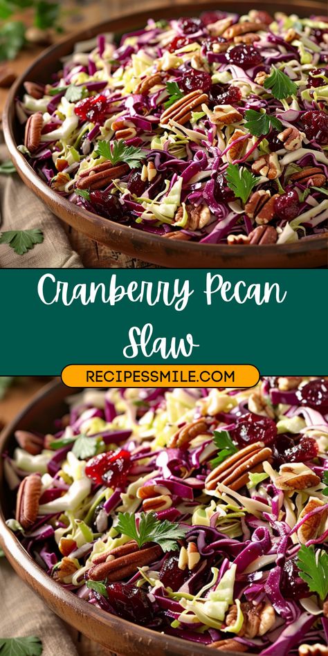 This cranberry pecan slaw recipe is a vibrant and flavorful side dish featuring shredded cabbage, dried cranberries, and toasted pecans tossed in a creamy, tangy dressing. Perfect for holiday tables or everyday meals, it’s a versatile, gluten-free dish that’s ready in just 45 minutes. Coleslaw With Cranberries And Pecans, Cranberry Pecan Coleslaw Recipe, Cranberry Pecan Slaw, Cranberry Salad With Canned Cranberries, Cranberry Dried Recipes, Cranberry Coleslaw Recipe, Winter Slaw Recipe, Apple Cranberry Pecan Salad, Christmas Coleslaw