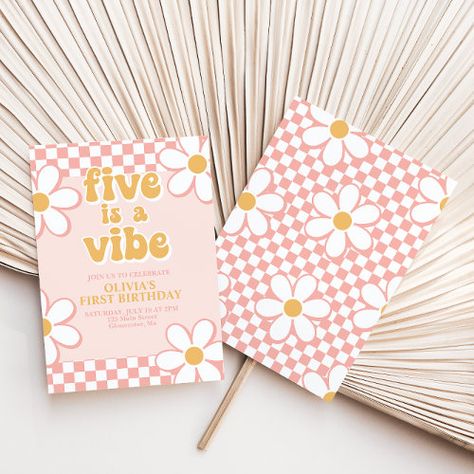 $2.98 | Five is a Vibe Retro Check Pink Daisy Invitation - retro, pink, girl, checker, check, daisy, five is a vibe, 5th birthday, daisies, groovy Five Is A Vibe, Daisy Invitations, 70th Birthday Decorations, Baby Birthday Decorations, Checker Pattern, Birthday Party Theme Decorations, Girl Birthday Themes, Birthday Template, Pink Invitations