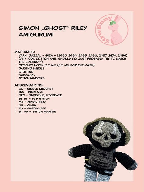 Ghost Plushie Crochet Pattern Free, Free Pdf Pattern Crochet, How To Crochet Doll Clothes, Crochet Call Of Duty, Knit Plushies Pattern Free, Crochet Plushie Clothes, Free Crochet Patterns Gifts, Ghost Band Crochet, Crochet Amigurumi Ideas