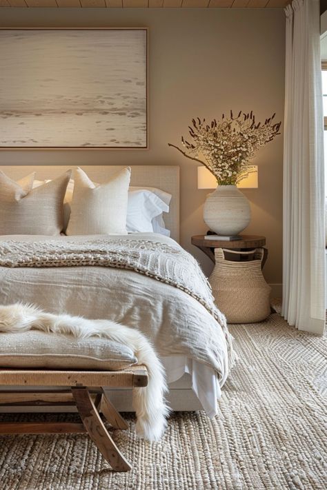 Beige Brown And White Bedroom, Bedroom Ideas Beige Walls, Cozy Hotel Bedroom, Beige Bedroom Walls, Beige Bedroom Aesthetic, Townhome Decor, Beige Bedrooms, Beach House Decorating Ideas, Beach House Decorating