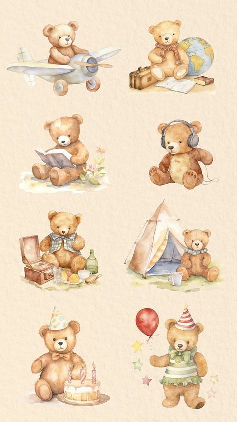 Cute watercolor teddy bears isolated image set | premium image by rawpixel.com / Busbus Balloon Teddy Bear, Teddy Bear Watercolor, Watercolor Teddy Bear, Teddy Bear Cartoon, Background Cartoon, Bear Watercolor, Nice Pic, Bear Illustration, Cute Watercolor