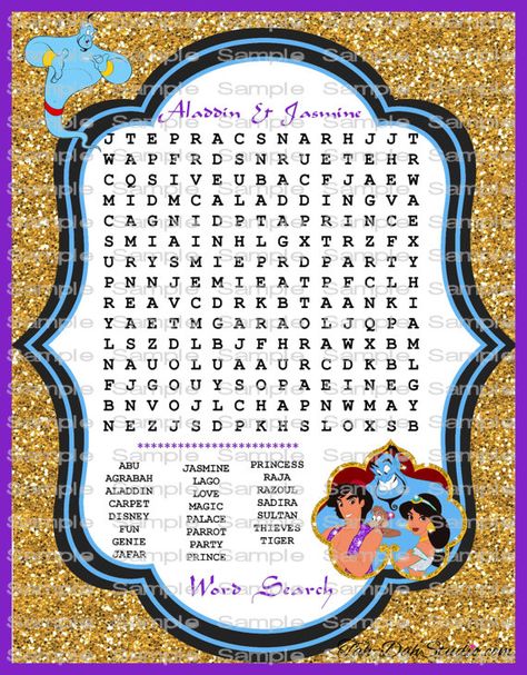 Disney Word Search, Letras Disney, Kitty Party Themes, Word Puzzles For Kids, Aladdin Birthday Party, Autumn Puzzle, Jasmine Party, Disney Activities, Disney Word