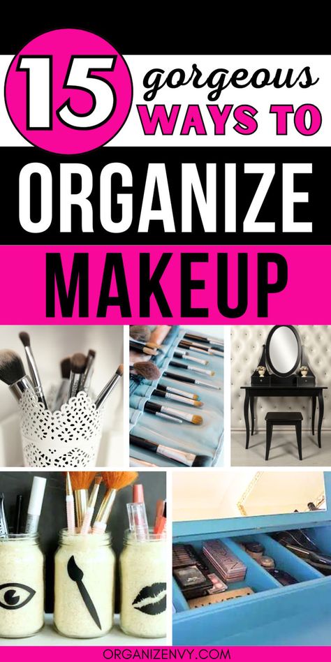 Collage of photos showing different ways to organize makeup. Ways To Organize Makeup, Makeup Vanity Organization Ideas, How To Organize Makeup, Makeup Organization Ideas, Product Organization, Makeup Storage Hacks, Makeup Storage Ideas, Dollar Tree Makeup, Diy Makeup Organizer