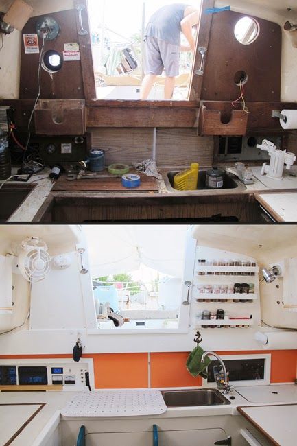 Before & After | Sailboat Remodel | Sailing Blog verywellsalted.com Sailboat Remodel, Sailboat Restoration, Liveaboard Sailboat, Boat Interior Design, Boat Galley, Sailboat Interior, Sailboat Decor, Sailboat Living, Living On A Boat