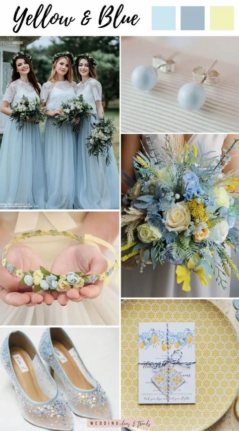 Dusty Blue And Pale Yellow Wedding, Blue Purple Yellow Wedding, Blue And Yellow Bridesmaids, Pastel Yellow And Blue Wedding, Baby Blue And Yellow Wedding, Dusty Blue And Yellow Wedding Theme, Yellow And Blue Wedding Theme, Pastel Yellow Wedding Theme, Dusty Blue And Yellow Wedding