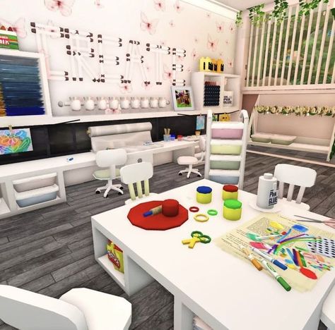 Bloxburg Kids Room, Daycare Interior Design, Bloxburg School, Bloxburg Inspiration, Luxury Baby Room, Building Hacks, Bloxburg Town, Bloxburg Hacks, Blocksburg Room Ideas￼