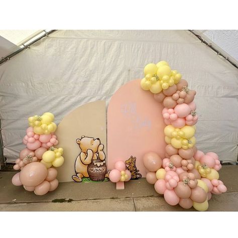 GoldenFoxCraftsLlc on Instagram: "Oh Baby Shower 🍯 🐝 . . . . #ohbaby #babyshower #balloondecor #balloongarland #balloons #itsagirl #tuftexcameo #ballooniapastelyellow #ballooniapastelpink #hunny #hunnybees #pooh #poohbabyshower #winniethepooh #babyshowerideas #classictheme #pink #winniethepoohbabyshower" A Little Hunny Is On The Way Back Drop, Winnie The Pooh Balloon Arch Pink, Winnie The Pooh Baby Shower For Girl, Disney Girl Baby Shower Ideas, Piglet Baby Shower Ideas, Winnie The Pooh Baby Shower Girl, Winnie De Pooh Baby Shower Ideas, Winnie The Pooh Baby Shower Ideas Girl, Pink Winnie The Pooh Baby Shower Ideas