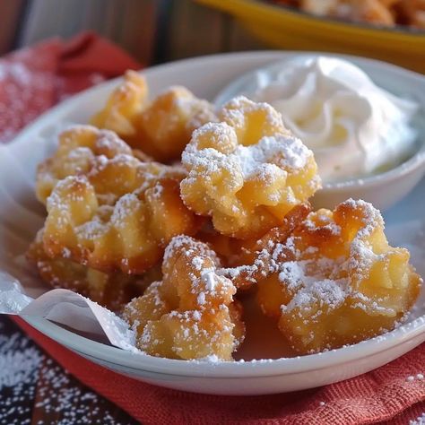 Funnel Cake Bites Recipe Air Fryer Funnel Cake, Funnel Cake Bites Recipe, Cake Bites Recipe, Funnel Cake Bites, Breakfast Cakes, Pineapple Dessert Recipes, French Toast Muffins, Funnel Cakes, Cake Bites