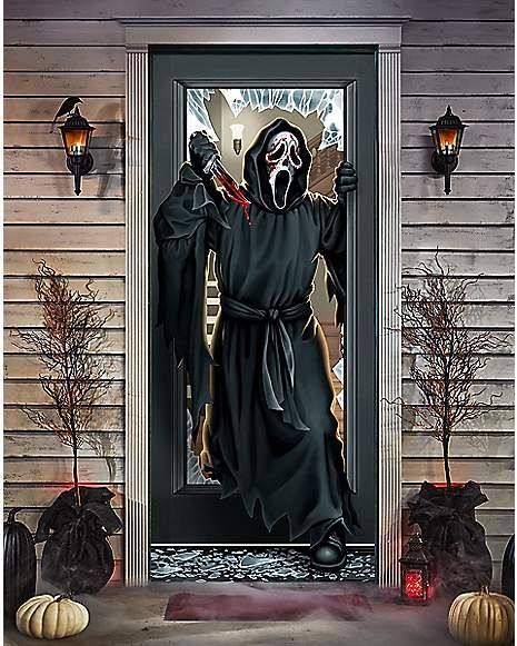 Ghost Face Door Cover - Spirithalloween.com Ghost Face Door Decoration, Halloween House Exterior, Ghost Door Decoration, Halloween Door Decorations Contest, Disney Baby Costumes, Horror Room, House Of Horrors, Light Up Costumes, Outdoor Halloween Decorations