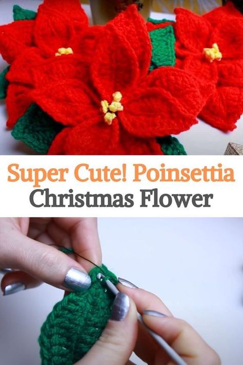 Crochet Poinsettia Flower, Crocheted Poinsettia Pattern Free, Crochet Christmas Flower Bouquet, Crochet Pointsetta Pattern Free, Poinsettia Crochet Pattern Free, Crochet Christmas Flowers, Crochet Poinsettia Free Pattern, Fall Christmas Aesthetic, Crochet Poinsettia