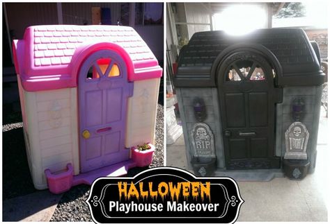 New Halloween Makeover for Old Playhouse Halloween Playhouse, Little Tikes Playhouse Makeover, Plastic Playhouse, Playhouse Makeover, Paint Halloween, Halloween Forum, House Makeover, Kids Playhouse, Halloween Make