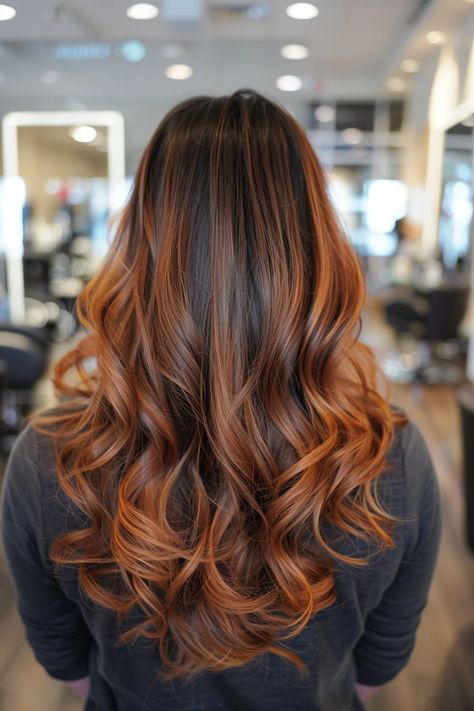 35 Copper Balayage Brunette Hairstyles To Add Warmth And Shine To Dark Hair In 2025 Brown Hair With Shadow Root, Copper Brown Hair Highlights, Copper Hair With Dark Roots Brown, Copper Hairstyles, Copper Lob, Brown Hair Highlights, Copper Balayage Brunette, Balayage Styles, Brunette Roots