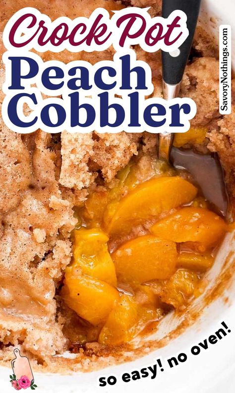 No need to switch on the oven for this Crockpot Peach Cobbler - it's cooked entirely in your slow cooker! So delicious with fresh summer peaches and an easy biscuit topping - the perfect dessert with a scoop of vanilla ice cream. | #summerdesserts #dessertrecipes #peachrecipes #slowcookerrecipes #crockpot Crock Pot Peach Cobbler, Crock Pot Dessert, Crock Pot Easy, Crockpot Peach Cobbler, Fresh Peach Cobbler, Easy Peach Cobbler, Cobbler Easy, Peach Cobbler Easy, Crock Pot Desserts