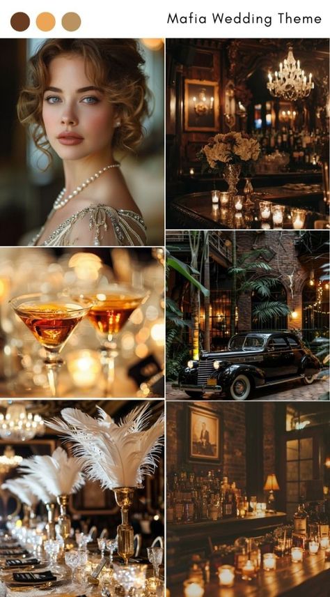 Gatsby Winter Wedding, Great Gatsby Style Wedding, Old Hollywood Wedding Theme Receptions, Old Hollywood Glam Party Decorations, Great Gatsby Wedding Decor, 1920s Gangster Aesthetic, Dark Academia Wedding Aesthetic, Speakeasy Wedding Reception, Vintage Aesthetic Wedding