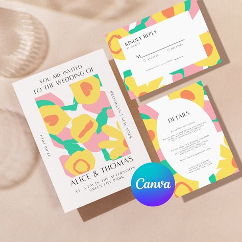 Editable Colorful Wedding Invitation Suite Canva, Modern Wedding Invitation with RSVP, Abstract Boho Wedding Invite Instant Download https://etsy.me/409OvYU #etsy #canvatemplate #weddinginvitation #weddingtemplate #colorfulwedding #colorfulinvitation #moderninvitation Unique Gift Tags, Colorful Wedding Invitations, Colorful Invitations, Personalised Wedding Invitations, Wedding Invitations Boho, Modern Invitation, Unique Wedding Invitations, Wedding Invitation Sets, Modern Wedding Invitations