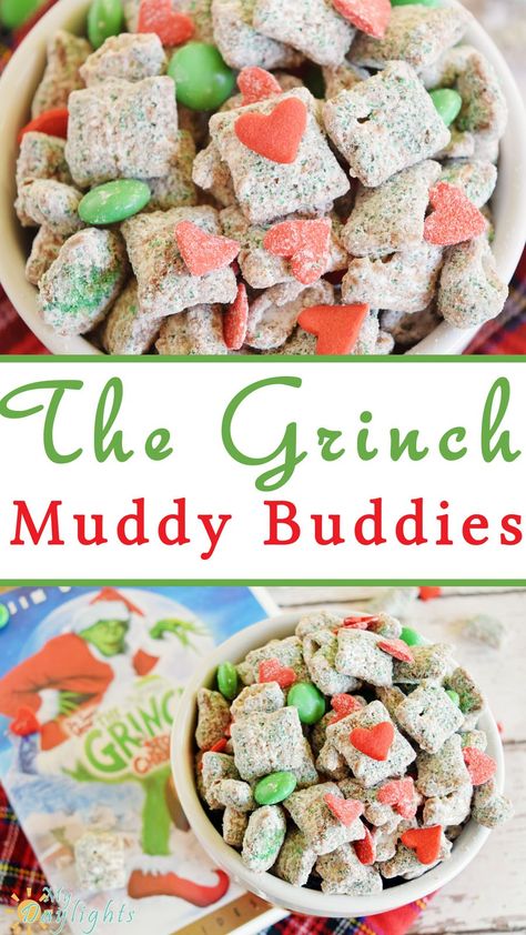 The Grinch Muddy Buddies are a fun Christmas treat to enjoy while watching a Christmas classic! The jumbo hearts are just like the Grinch's heart growing! Grinch Treats, Grinch Snack, Puppy Chow Christmas, Grinch Christmas Party, Grinch Party, Chex Mix Recipes, Muddy Buddies, Snack Mix Recipes, Chex Mix