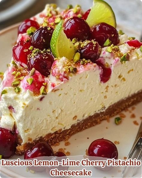 RecipesEpic Family | Luscious Lemon-Lime Cherry Pistachio Cheesecake - Don't Lose This Recipe 😋 | Facebook Luscious Lemon Lime Cherry Pistachio Cheesecake, Lemon Lime Cherry Pistachio Cheesecake, Pistachio Cheesecake Recipe, Cherry Pistachio, Pistachio Cheesecake, Cheesecake Pie, Cherry Cheesecake, Pie Dessert, Graham Cracker Crumbs