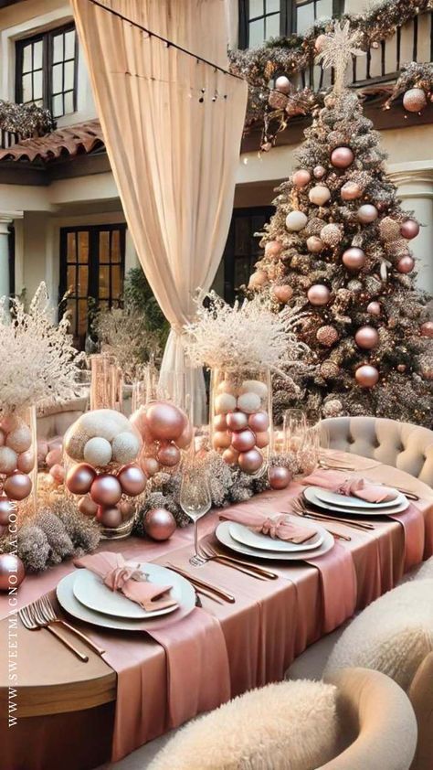 Pink Christmas Tree Magic: 100+ Stunning Ideas for a Magical Holiday Home - Sweet Magnoliaa Pink Christmas Tablescapes, Rose Gold Christmas Table, Pink And Gold Christmas Decor, Pink Christmas Table Setting, Green And Pink Christmas, Pink Christmas Theme, Pink Tree Christmas, Light Pink Decor, Pink Christmas Table