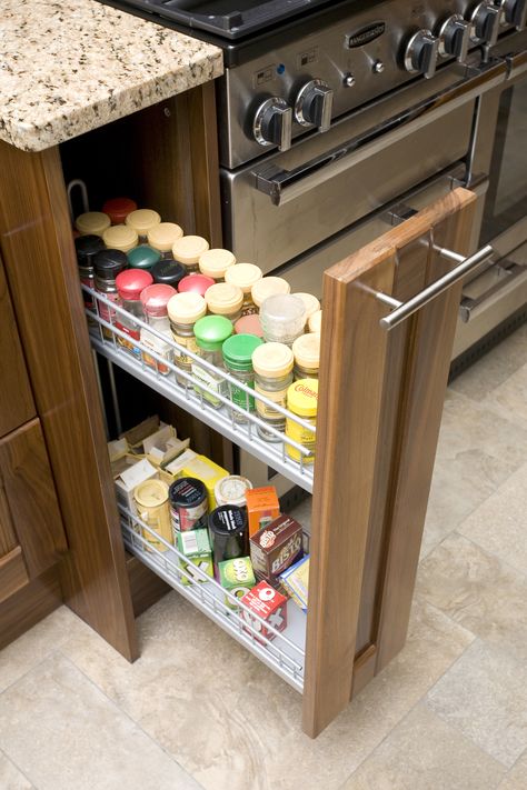 Spice up your life with a pull out spice rack Pull Out Spice Rack, Fridge Design, Kitchen Cabinetry Design, Jute Craft, Galley Kitchen Design, Kitchen Spice Racks, 2024 Kitchen, Spice Up Your Life, Kitchen Trolley