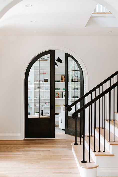 Arch Glass Door Office, Arched Glass French Doors Interior, Arch Door Office, Interior Arched French Doors, Arched French Doors Interior Office, French Door Arch, Modern French Entryway, French Doors Into Office, Arched Office Doors