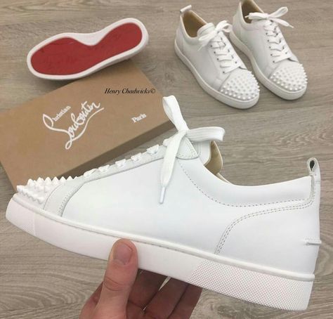 Beautiful White Louboutin, Christian Louboutin Sneakers, Mens Dress Boots, Kicks Shoes, Belek, Christian Louboutin Men, Leather High Tops, Red Bottoms, Sneakers Men Fashion