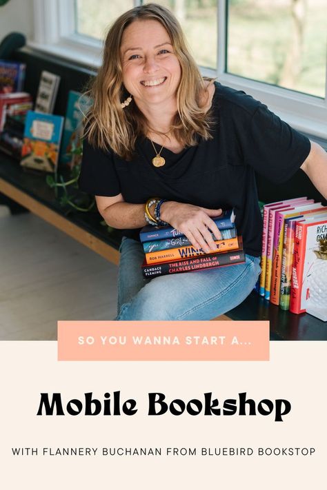 Flannery Buchanan from Bluebird Bookstop tells us all about how she started her own mobile bookshop in this blog post. Check it out for more info! #mobilebookshop #businessideas #vintagecamper #businessowner #bookstore Mobile Bookstore Pop Up, Book Mobile Truck, How To Start Your Own Book Store, Pop Up Bookstore Ideas, How To Start An Online Bookstore, Bookstore Trailer, Online Bookstore Ideas, Mobile Bookstore Ideas, Pop Up Bookshop