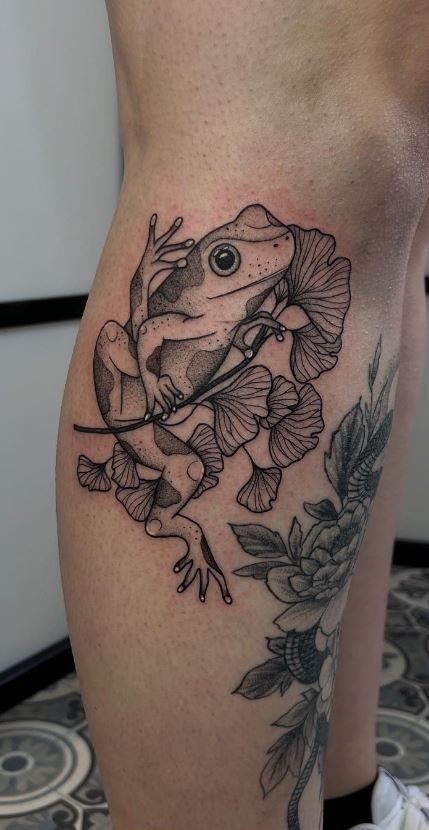 Frog Tattoo Placement, Tree Frogs Tattoo, Poison Dart Frog Tattoo Design, Black And Gray Frog Tattoo, Frog Ankle Tattoo, Frog Tattoo With Flowers, Frog With Guitar Tattoo, Black And Grey Frog Tattoo, Pretty Frog Tattoo