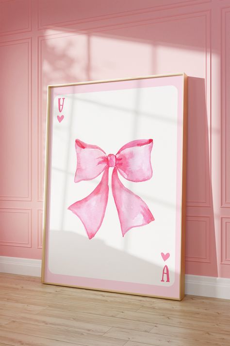 Pink Hair Ribbons and Bows Playing Card  - Digital Download  Immediate Digital Download The frame is not included. Digital Download Only. Physical prints available in my shop! Transform your space with a touch of enchanting elegance! Embrace coastal cowgirl chic with our Pink Bow Coquette Hair Ribbon--a charming addition to your decor that exudes a preppy aesthetic and romantic cottagecore allure. This digital download art piece encapsulates the essence of trendy balletcore, offering a blend of Pink Playing Cards Aesthetic, Coquette Bow Painting, Ribbon Painting Art, Pink And Blue Prints, Bow Painting Art, Cute Thing To Paint, Pink Bow Decor, Pink Bow Painting, Dorm Painting Ideas