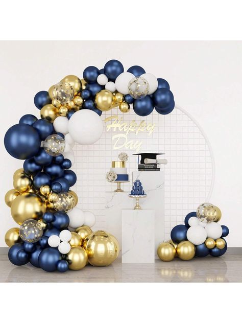 125pcs Navy Blue Gold Balloons Garland Arch Kit, Metallic Gold Latex White Confetti Mixed Sizes Balloons Foil Balloons For Baby Shower Birthday Party Wedding Graduation DecorationI discovered amazing products on SHEIN.com, come check them out! Blue Gold Balloons, White And Gold Decor, 60th Birthday Decorations, Gold Graduation Party, Gold Foil Balloons, Gold Backdrop, Gold Party Decorations, Gold Confetti Balloons, White Confetti