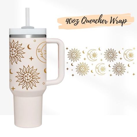 2 Designs 40oz Quencher Stanley tumbler wrap Sun And Magic Moon Svg, Celestial | 40 oz Mag #sublimationdesigns #tumblerdesigns #vinyldesigns #sublimationideas #tumblerwraps #svg Boho Epoxy Tumbler, 40oz Tumbler Wrap, 40oz Tumbler Ideas, 40 Oz Tumbler Ideas, Cricut Binder, Stanley Adventure Quencher, Glass Tumbler Design, Cricut Inspiration, Inspirational Tumbler