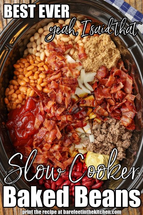 The BEST Slow Cooker Baked Beans Baked Beans Recipe Crockpot, Crock Pot Baked Beans, Baked Beans With Hamburger, Beans Recipe Crockpot, Baked Beans Crock Pot, Simply Happy Foodie, Slow Cooker Baked Beans, Best Baked Beans, Baked Beans With Bacon