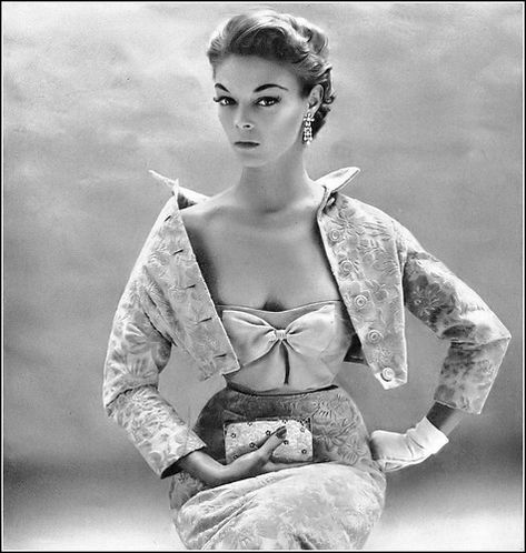 Jean Patchett in gray cut velvet dinner suit, the jacket fits like a bolero and the bodice is of gray silk mousseline with big flat bow, by Mainbocher, photo by Richard Avedon, Harper's Bazaar, December 1952 Jean Patchett, Dinner Suit, Richard Avedon, Jacket Fits, Gray Silk, Bow Flats, Harper's Bazaar, Harpers Bazaar, 50s Fashion