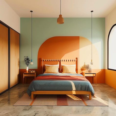 colorful_minimalist_bedroom 21 Geometric Wall Design, Mid Modern House, Bright Room Colors, Minimalist Bedrooms, Funky Living Rooms, Colorful Minimalist, Budget Decor, House Aesthetic, Bedroom Wall Colors