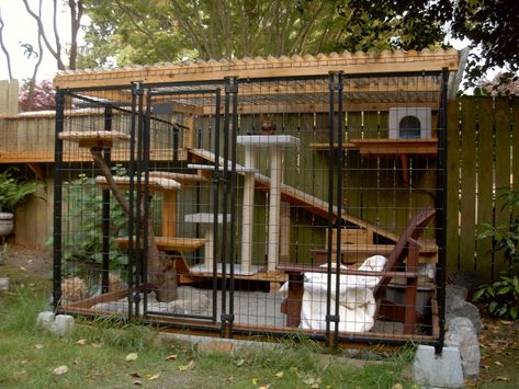 Catio Trend - Outdoor Pet Cage. I'd plant a few plants too because cats love to hide in the bushes. Cat Playground Outdoor, Chat Diy, Cat Patio, Cat Kennel, Cat Houses, Outdoor Cat Enclosure, Cat Run, Outdoor Cat House, Cat Playground