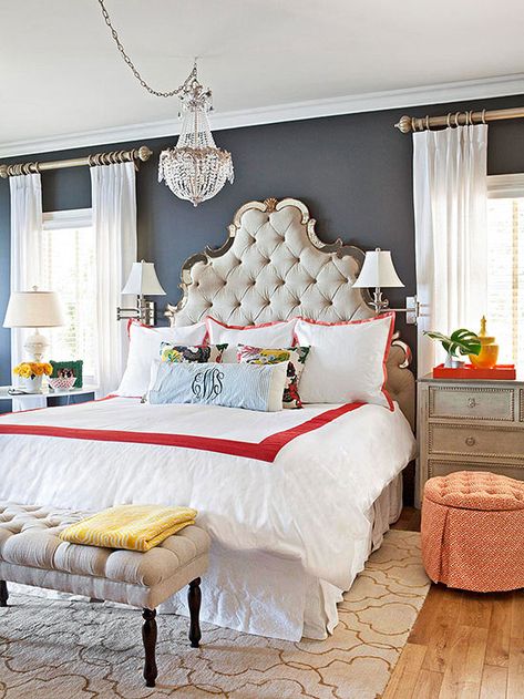 Take the plunge with a dark wall color, but avoid getting in over your head: http://www.bhg.com/decorating/color/neutrals/neutral-paint-colors/?socsrc=bhgpin032414cocoonnotcave&page=16 Charcoal Walls, Romantic Photo, Bedroom Decorations, Eclectic Bedroom, Romantic Bedroom, Bedroom Color Schemes, Design Del Prodotto, The Ceiling, White Bedding