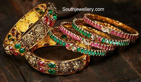 Emerald Bangles Gold, Ruby Emerald Bangles, Emerald Bangles, Plain Gold Bangles, Latest Indian Jewellery, 22 Carat Gold Jewellery, Choker Designs, Pearl Jewelry Design, Antique Bridal Jewelry